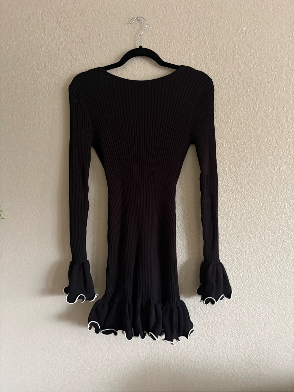 Waverly Black Ribbed Ruffle-Hem Tie-Back Mini Dress